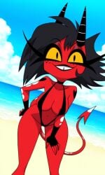 ai_generated beach demon demon_girl demon_horns demon_tail helluva_boss imp millie_(helluva_boss) nipple_bulge red_skin red_skinned_female revealing_clothes revealing_swimsuit sling_bikini slingshot_swimsuit