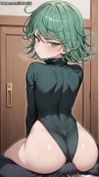 1boy 1girls ai_generated ass assjob blush cowgirl_position female girl girly green_eyes green_hair hattori34 indoors looking_at_viewer looking_back one-punch_man penis_in_ass sexy tatsumaki