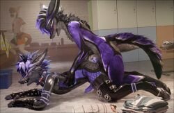 3d_(artwork) absurd_res anal anal_sex animal_genitalia animal_penis anthro anthro_on_anthro anthro_penetrated anthro_penetrating anthro_penetrating_anthro armwear ass black_body black_fur blender_(artwork) blush bodily_fluids border canid canine canine_genitalia canine_penis clothing collar cum cum_drip cum_in_ass cum_inside digital_media_(artwork) dripping duo fishnet_clothing fishnet_topwear fox fur genital_fluids genitals gloves hair handwear hi_res latex latex_armwear latex_clothing latex_gloves latex_handwear latex_legwear latex_stockings latex_topwear legwear lill_esp lill_espion locker_room locker_room_sex looking_pleasured male male/male male_penetrated male_penetrating mammal nude open_mouth penetration penile penis purple_body purple_fur rexouium sex stockings submissive tail topwear