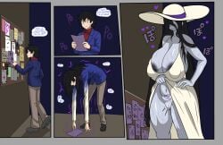 clothing_aside curse english_text flyer flyer_(pamphlet) gender_transformation giantess grey_eyes hasshaku-sama hat huge_breasts japanese_female japanese_mythology japanese_text larger_female lifting_skirt magic male monster monster_girl mtf_transformation notes pubic_tattoo reading ryu34 sagging_breasts smaller_male someone_else's_oc tattoo transformation transformation_sequence vein veins veiny_breasts yokai