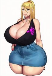 ai_generated ass bimbo blonde_hair booty breasts curvaceous curvaceous_body curvaceous_female curvaceous_figure curves curvy curvy_body curvy_female curvy_figure curvy_hips denim_skirt dumptruck_ass dumptruck_butt gigantic_ass gigantic_breasts gigantic_butt gigantic_thighs hips lubbasdump massive_ass massive_butt massive_hips metroid miniskirt plump plump_ass plump_body plump_butt samus_aran skirt thighs wide_hips