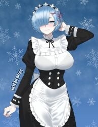 apron bangs bangs_over_one_eye black_bra blue_eyes blue_hair blush bob_cut bra bra_visible_through_clothes breasts dress female hand_in_hair huge_boobs huge_breasts large_boobs large_breasts large_tits long_sleeves maid maid_apron maid_dress maid_headdress maid_uniform ntenebrae re:zero_kara_hajimeru_isekai_seikatsu rem_(re:zero) see-through see-through_clothes short_hair smile titties