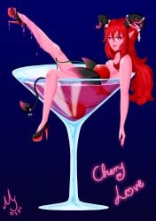 bat_wings bathing black_horns censored cherry cocktail cocktail_glass demon demon_girl demon_tail demon_wings dnd_character female female_only heels heels_only horns jewelry legs long_hair monochromejoker nude oc original_character pink_eyes pink_liquid pink_skin pointy_ears red_hair simple_background solo solo_female succubus tail tiefling wings