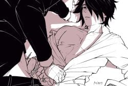 2boys artist_name bandaged_hand bandages blush boy_on_top clothes_pull collarbone commentary english_commentary foreskin greyscale handjob jacket looking_at_another male_focus monochrome multiple_boys naruto_(series) nipples on_floor pants pants_pull penis shirt shoulder_blush themidnights0ng uchiha_sasuke unbuttoning uzumaki_naruto yaoi