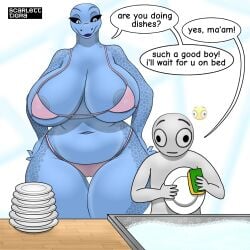 1:1 1anthro 1female 2d 2d_(artwork) 2d_artwork anthro anthro_female anthro_lizard big_breasts big_hips big_thighs bigger_female bikini blue_skin bra breasts busty busty_female clothed clothed_female clothing curvy curvy_body curvy_female curvy_figure curvy_hips dominant_female female female_anthro hands_on_hips hips huge_boobs huge_breasts huge_hips huge_thighs large_boobs large_breasts large_hips large_thighs large_tits larger_female lizard lizard_girl lizard_humanoid meme mommy panties scales scalie scarlett_tigra shocked_expression shocked_male standing thick thick_hips thick_thighs thighs tummy underwear washing_dishes