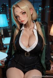 ai_generated belt black_skirt blonde_hair blush breasts cleavage closed_mouth collarbone collared_shirt desk facial_mark female female_only forehead_mark green_eyes indoors jacket lamp large_breasts lips long_hair long_sleeves looking_at_viewer low_twintails mole naruto_(series) night open_clothes parted_bangs patreon_username shiny shirt sitting skirt solo tsunade twintails white_shirt window