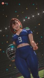 ai_generated aisinful ass ayase_momo ball big_ass big_breasts big_butt blush breasts brown_hair closed_eyes confetti dandadan drool drooling earrings earth_(planet) female football hi_res jewelry large_breasts medium_breasts navel open_mouth planet saliva shooting_star short_hair solo space sparkle star_(sky) starry_sky super_bowl thick_thighs tongue v wide_hips