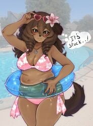 bikini brown_hair chubby_female dog_tail pink_bikini puppy_eyes puppyypawss_(artist) sfw