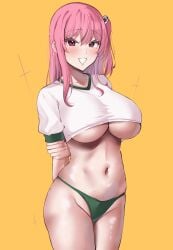 absurdres big_breasts blush breasts collarbone commentary_request cowboy_shot crop_top cropped_shirt dead_or_alive dead_or_alive_xtreme female grabbing_arm grabbing_own_arm green_panties green_trim gym_shirt hair_between_eyes hair_ornament hair_up highres honoka_(doa) large_breasts long_hair looking_at_viewer navel orange_background panties pink_eyes pink_hair shirt short_sleeves side_ponytail simple_background skull_hair_ornament skull_ornament smile solo stomach tf_cafe thick_thighs thighs underboob underwear white_shirt wide_hips