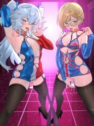 2girls arm_up armpits bikini_top blonde_hair blowjob_gesture blue_eyes blue_hair blush bottomless breasts british_flag censored clothing clothing_cutout collar commission detached_sleeves dress fellatio_gesture female female_only florence_(girls'_frontline_2) french_flag girls'_frontline girls'_frontline_2:_exilium glasses green_eyes high_heels leash leash_and_collar leash_pull leashed_collar long_hair looking_at_viewer mosaic_censoring navel object_insertion open_mouth pa-15_(girls'_frontline) pussy pussy_juice pussy_juice_drip revealing_clothes scotch_quazar sex_toy sex_toy_insertion short_hair take_your_pick thighhighs tongue tongue_out twintails union_jack union_jack_bikini vibrator vibrator_in_pussy welrod_(girls'_frontline_2) welrod_mkii_(girls'_frontline)