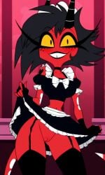 ai_generated demon demon_girl demon_horns demon_tail garter_belt garter_straps garters helluva_boss imp maid maid_outfit maid_uniform millie_(helluva_boss) naked no_panties pussy red_skin red_skinned_female skirt_lift skirt_up