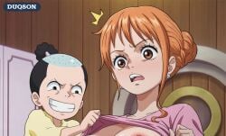 1boy 1girls ai_generated censored duqson female flashing_breasts kozuki_momonosuke large_breasts male nami_(one_piece) not_real_art nude one_piece