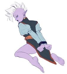 1boy barefoot blush dragon_ball dragon_ball_z earrings feet femboy looking_at_viewer mohawk purple_skin shin_(dragon_ball) solo thighs tied_up up white_hair yajirobeswife