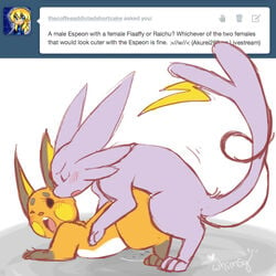 all_fours blush doggy_style duo eeveelution english_text entwined_tails espeon female feral forked_tail from_behind male nintendo open_mouth pokemon pokemon_(species) raichu sex signature straight text tumblr video_games whimsydreams