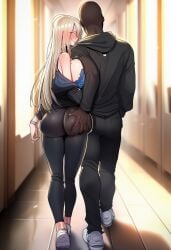 1boy ai_generated ass ass_grab big_ass big_breasts black_body black_underwear blonde_female blonde_hair blue_eyes breasts dark-skinned_male dark_skin fellatio female grabbing_ass groping_ass groping_through_clothes ksyra ksyraarts long_hair paws pubic_hair school schoolgirl simple_background standing very_dark_skin