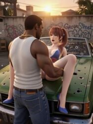 3d ai_generated asian_female black_male car carl_johnson couple couple_(romantic) crossover dark-skinned_male dead_or_alive eastern_and_western_character gangster ghetto gold_jewelry graffiti graffiti_on_wall grand_theft_auto grand_theft_auto:_san_andreas heels high_heels holding_legs holding_thigh holding_thighs imminent_sex interracial jewelry kasumi_(doa) kunoichi legs_held_open light-skinned_female looking_at_another los_santos lying_on_car moan moaning open_legs open_mouth ponytail sitting_on_car sunset thong wowzerpowzers