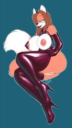 amber_eyes anthro areola ass big_breasts big_butt black_lips breasts brown_hair buxbi canine cassie_(foxydude) clothed clothing elbow_gloves eyewear female fox glasses gloves hair high_heels huge_breasts legwear lips looking_at_viewer mammal nipple_pinch nipples pussy rubber skimpy solo thigh_highs