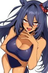 :d absurdres animal_ears black_hair blue_one-piece_swimsuit breasts cleavage collarbone commentary cute_fang dark-skinned_female dark_skin ear_ornament ear_ribbon ear_scrunchie female hair_between_eyes highres hishi_amazon_(umamusume) horse_ears horse_girl horse_tail large_breasts long_hair looking_at_viewer oerba_yun_fang one-piece_swimsuit open_mouth red_ribbon red_scrunchie ribbon scrunchie simple_background smile solo standing swimsuit tail thighs umamusume vvernerluniq white_background