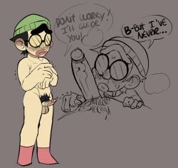 2boys brawl_stars calaziike foggy_glasses gay glowbert_(brawl_stars) rubbing_penis small_penis smaller_male submissive submissive_male supercell unibrow virgin