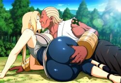 1boy 1girls a_(naruto) ai_generated anime_coloring anime_screencap anime_style ass_grab big_ass crack_pairing dark-skinned_male female forest gilf ground highres huge_breasts interracial kissing lense_flare light-skinned_female lying_on_ground muscular_male naruto_(series) naruto_shippuden non-canon_couple raikage self_upload selvokaz tagme trees tsunade tsunade_(naruto) voluptuous_female