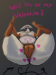 2026 anthro anus blush breasts digital_media_(artwork) english_text female genitals hairy_vulva heart_eyes heart_symbol hi_res holding_both_legs holidays looking_at_viewer miteling multicolored_body nipple_piercing nipples nude piercing presenting pubic_tattoo rockpankake roi_(rockpankake) simple_background slightly_chubby solo tail tattoo text two_tone_body valentine's_day vulva white_body