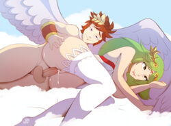 1boy 1girls age_difference ahe_gao angel_wings ass balls erection female goddess green_eyes green_hair kid_icarus kid_icarus_uprising legwear looking_pleasured male nintendo older_female palutena penetration penis pit pit_(kid_icarus) pussy rolling_eyes sex sky spookiarts straight testicles thighhighs vaginal_penetration wet_pussy white_legwear wings younger_male