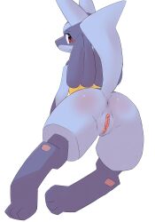 2021 3_toes anthro anus ass biped black_eyebrows blue_body blue_fur blue_tail blush blush_lines body_blush butt_blush canid canine digital_drawing_(artwork) digital_media_(artwork) eyebrows facial_markings feet female female_anthro female_lucario fur generation_4_pokemon genitals glistening glistening_butt glistening_eyes head_markings hi_res humanoid_genitalia humanoid_vulva looking_at_viewer looking_back looking_back_at_viewer lucario mammal markings mouth_closed multicolored_body multicolored_fur nintendo nude nude_anthro nude_female pointy_ears pokemon pokemon_(species) presenting presenting_hindquarters presenting_vulva prick_ears pu_sukebe raised_tail rear_view red_eyes simple_background solo tail thin_eyebrows toes vulva white_background yellow_body yellow_fur
