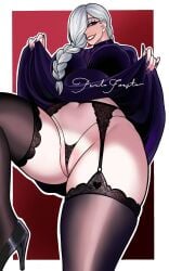 1girls 2024 artist_name big_breasts black_thighhighs black_thong braid braided_hair breasts clothing dress dress_lift ear_piercing earrings female female_only footwear garter_straps hair hair_over_one_eye heels high_heels jujutsu_kaisen lace lace-trimmed_garter_belt lace-trimmed_panties lace-trimmed_thighhighs lace_trim legwear lingerie lingerie_under_clothes lips mature mature_female mature_woman mei_mei_(jujutsu_kaisen) nail_polish nails perlajoestar purple_dress purple_eyes purple_nail_polish purple_nails smile solo solo_female thighhighs thong white_hair