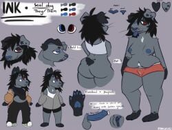 5_fingers andromorph anthro ass balls black_hair bodily_fluids bottom_growth bottomwear breasts canid canine canis chest_binder claws clitoris clothed clothing cum digital_media_(artwork) domestic_dog dripping english_text erection fingers floppy_ears fur genital_fluids genitals grey_body gynomorph hair heterochromia hi_res hybrid ink_(inkslushee) inkslushee intersex jacket looking_at_viewer mammal marine markings membrane_(anatomy) model_sheet nipples nonbinary_(lore) nude oversized_clothing overweight pawpads penis pinniped precum precum_drip seal short_tail shorts simple_background smile solo spots star_(marking) tail text tongue topwear trans_(lore) underwear vulva webbed_hands whiskers wide_hips