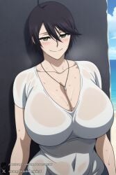 1female 1girls 2026 ahoge ai_generated artist_name beach big_ass big_breasts black_hair blush breasts chequita chiquita_(jormungand) cleavage collarbone covered_navel curvy day female green_eyes hair_between_eyes hi_res high_quality high_resolution highres huge_ass huge_breasts jewelry jormungand looking_at_viewer necklace ocean outdoors patreon patreon_username see-through shirt short_hair smile solo sweat unjobdespiert watermark wet wet_clothes wet_shirt white_shirt