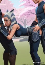 1girls 2boys ahsoka_tano ai_generated alien armor artist_name ass bent_over blowjob blue_eyes breasts cherry_blossoms clone_wars clothed_sex colored_skin doggy_style double_penetration face_markings fellatio female group_sex head_out_of_frame hi_res humanoid jedi large_breasts lucasfilm lustboxai markings mmf_threesome montrals multiple_boys oral orange_skin outdoors pants penis sex sex_from_behind spitroast star_wars star_wars_rebels straight tentacle_hair threesome togruta tree uncensored vambraces