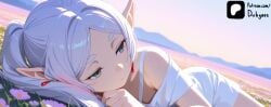 ai_generated dubgees earrings elf elf_ears elf_female female flower frieren green_eyes mountain scenery sousou_no_frieren white_hair