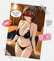 after after_sex big_breasts bikini bikini_bottom bikini_top brown_hair censor_bar cheating cheating_female cheating_girlfriend cuckold cuckolding cum_on_body cum_on_breasts cum_on_face female kissing ntr oniril only_female original original_character picture solo_female swimming_pool swimsuit swimwear