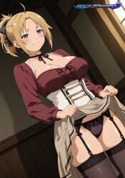 ai ai_generated black_panties blonde_hair blue_eyes corset curvy hair_ribbon indoors lifting_skirt lingerie mature_female mommy mushoku_tensei mushoku_tensei:_isekai_ittara_honki_dasu side_ponytail skirt skirt_up stockings underwear zenith_greyrat