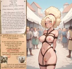 ai_generated anime big_breasts blonde_hair bondage bounty_hunters edited fantasy female fictional fluffy_hair green_eyes market naked nude photoshop pussy_hair roleplay ropes slave slavegirl slavery waifu