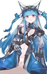 1boy absurdres arknights arknights:_endfield bare_shoulders blue_hair blunt_bangs bodysuit censored chinese_commentary clothing_cutout commentary_request cowgirl_position demon_girl demon_horns female gradient_eyes highres horns last_rite_(arknights) long_hair long_sidelocks looking_at_viewer mizuhashi_parusui mosaic_censoring multicolored_eyes navel_cutout partial_commentary pointy_ears red_eyes sidelocks simple_background straddling vaginal_penetration white_background