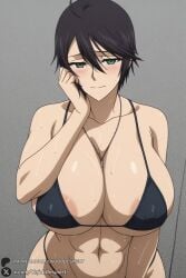 1female 1girls 2026 abs ahoge ai_generated areola_slip artist_name big_ass big_breasts bikini black_bikini black_hair blush breasts chequita chiquita_(jormungand) cleavage covered_nipples curvy dog_tags female green_eyes hair_between_eyes hi_res high_quality high_resolution highres huge_ass huge_breasts jewelry jormungand looking_at_viewer micro_bikini navel necklace patreon patreon_username short_hair solo sweat swimsuit unjobdespiert watermark