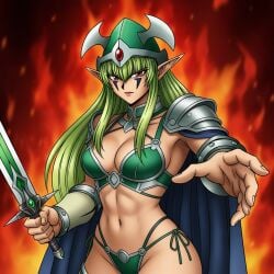 abs ai_generated armor blonde_hair dragon_zombie_(yu-gi-oh!) duel_monster female green_clothing muscular muscular_female red_eyes rule63 rule_63 skimpy_clothes sword yu-gi-oh!