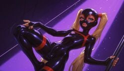 1boy 4k absurd_res ai_generated androgynous black_bodysuit black_nails blonde_hair blue_eyes bodysuit bulge chest_harness clothing covered_erect_nipples covered_nipples covered_penis covered_testicles crossdressing dancing dutch_angle erect_nipples_under_clothes erection erection_under_clothes eyeshadow femboy fingerless_gloves gloves harness hi_res high_resolution highres holding_pole illustrious_(stable_diffusion) jaja_ai knee_up landscape latex latex_bodysuit latex_hood latex_mask light_rays lips long_hair looking_at_viewer makeup male male_only mask motion_lines narrow_waist original otoko_no_ko parted_lips penis pink_eyeshadow pole pole_dancing purple_background self_upload shiny shiny_clothes skin_tight slender_waist solo spotlight stable_diffusion standing standing_on_one_leg stripper_pole thigh_strap tied_hair trap twin_ponytails twintails uncensored very_high_resolution very_long_hair wai-nsfw-illustrious-sdxl wallpaper