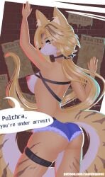 anthro ass big_breasts blonde_hair bottomwear breasts clothing ears_up english_text felid feline female fur green_eyes hands_up hi_res inner_ear_fluff long_hair looking_at_viewer mammal mihoyo multicolored_body multicolored_fur narrowed_eyes nipples ponytail pulchra_fellini red_nipples saardequeen seductive shorts solo tail text thiren tuft url white_body white_fur yellow_body yellow_fur zenless_zone_zero