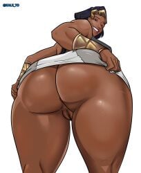 ass ass_focus big_ass biting_lip dark-skinned_female dark_hair domina exposed_pussy fat_ass from_below golden_hair huge_ass kalxto lifting_skirt looking_at_viewer overwatch pubic_hair short_hair smile tagme upskirt