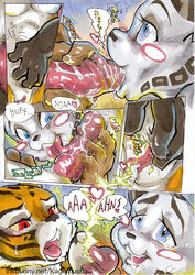 1boy 2014 2girls anthro balls bear better_late_than_never big_breasts blush breasts clitoris comic daigaijin english_text erection feline fellatio female inkbunny_username kung_fu_panda male mammal master_po_ping master_tigress oral page_300 panda penis pussy pussy_juice saliva sex straight threesome tiger