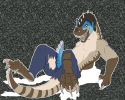 5:4 absurd_res anthro ceratosaurid ceratosaurus dinosaur english_text erection genitals hi_res lawkbutt male penis prehistoric_species reptile saurischian scalie solo text theropod transformation