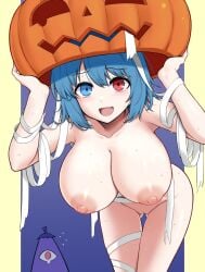 :d baketsuya bandages blue_background blue_eyes blue_hair breasts commentary_request female flying_sweatdrops halloween heterochromia highres holding holding_pumpkin huge_breasts jack-o'-lantern leaning_forward looking_at_viewer nipples nude open_mouth pumpkin purple_umbrella red_eyes shirt short_hair smile solo tatara_kogasa tearing_up touhou umbrella