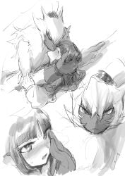 1boy absurdres blush body_fur digimon digimon_(creature) digimon_ghost_game female floppy_ears furry furry_male furry_with_non-furry gloves greyscale hand_on_another's_face highres interspecies kissing long_hair looking_at_another monochrome mugitarou multiple_views neck_fur rabbit_boy sex simple_background straight symbareangoramon tied_ears tsukiyono_ruli white_background