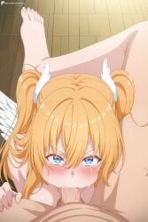 1boy 2.5_jigen_no_ririsa ai_generated amano_ririsa angel angel_wings bangs barefoot blonde_hair blue_eyes blush digitalwaifugallery eyebrows_visible_through_hair feathered_wings feathers fellatio female from_above hair_between_eyes halo head_wings hi_res high_quality high_resolution indoors long_hair looking_at_viewer looking_up nude oral patreon penis pov seductive sexy solo_focus straight uncensored watermark white_feathers white_wings wings wooden_floor