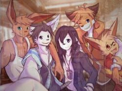 2016 adolescent afterimage ailurid anthro belt big_ears black_hair blue_eyes bottomwear brown_body brown_fur camera canid canine clothing collared_shirt cross cross_necklace domestic_cat euca_(repeat) eyewear felid feline felis female fur glasses grin group hair jacket jewelry jinny_(repeat) lagomorph leporid male mammal multicolored_body multicolored_fur necklace one_eye_closed orange_body orange_fur owen_(repeat) pants phillip_(repeat) photographing polo_shirt purple_eyes rabbit red_eyes red_panda repeat_(visual_novel) screencap shirokoi shirt sissel_(repeat) smile tank_top topwear white_body white_fur young