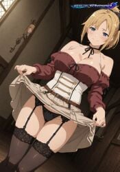 ai_generated black_panties black_ribbon female_focus lingerie low_angle mushoku_tensei mushoku_tensei:_isekai_ittara_honki_dasu skirt skirt_lift stockings zenith_greyrat