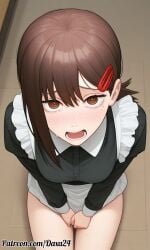 ai_generated anime_girl blush brown_hair chainsaw_man daxa female kobeni_higashiyama maid maid_uniform miniskirt patreon patreon_artist patreon_link patreon_reward patreon_url patreon_username sexy shy sitting sweat sweating sweaty