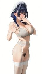 1girls ai_assisted big_breasts blue_eyes blue_hair blush bonnet bottomless bra braids breasts cieru covering_mouth feet_out_of_frame female female_only garter_belt garter_straps hololive hololive_english hololive_english_-council- large_breasts lingerie long_hair looking_at_viewer maid navel ouro_kronii ouro_kronii_(maid) pubic_hair standing stockings twin_braids